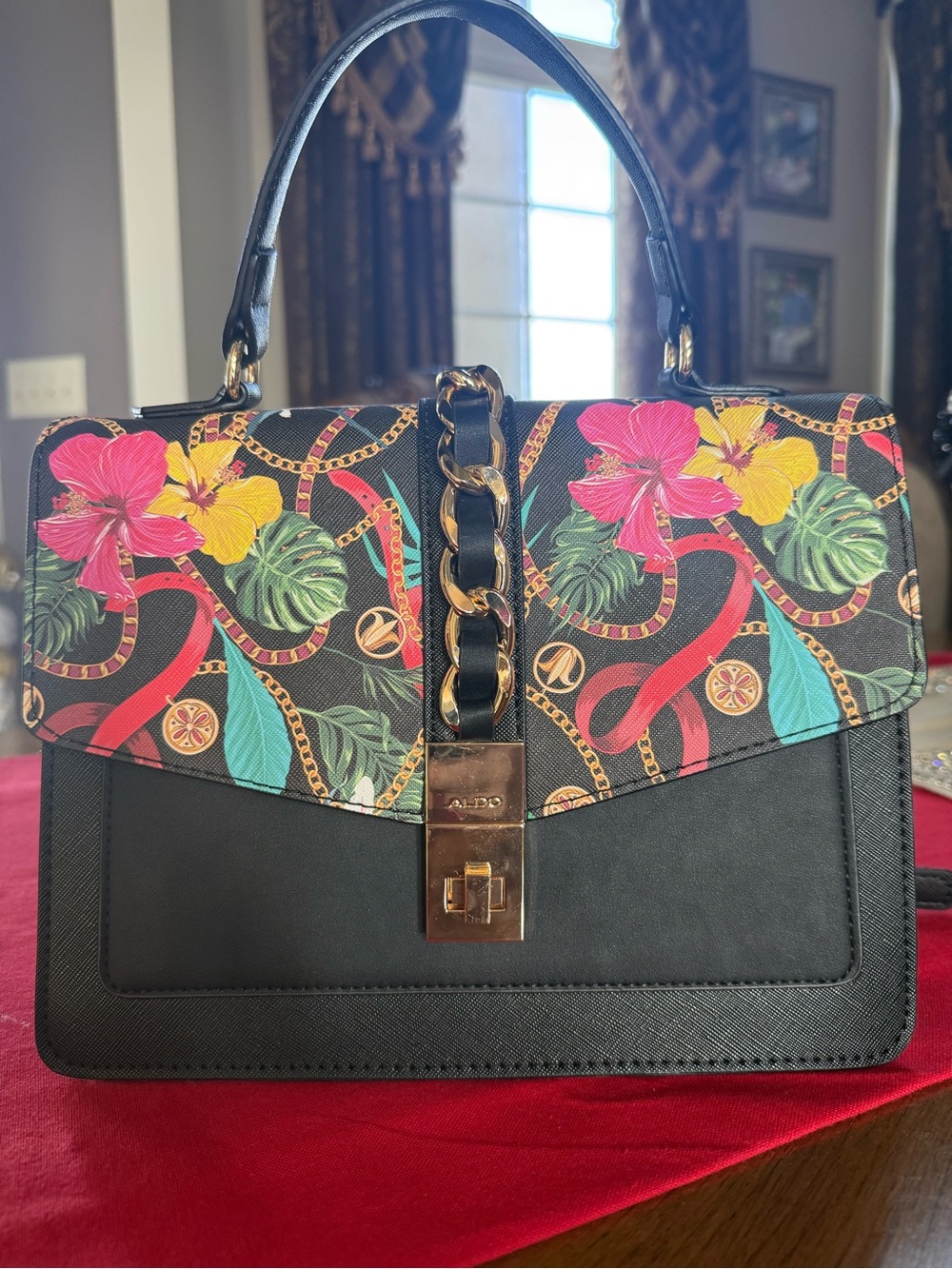 Aldo Black Satchel with Tropical Floral Multicolor Flap